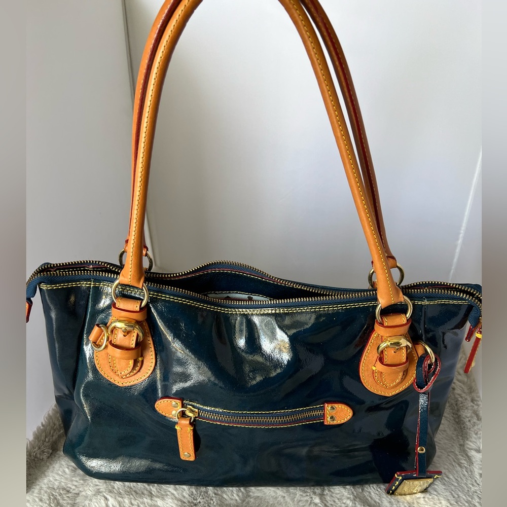 Women’s Patent Shoulder Bag in Deep Teal with Tan Trim